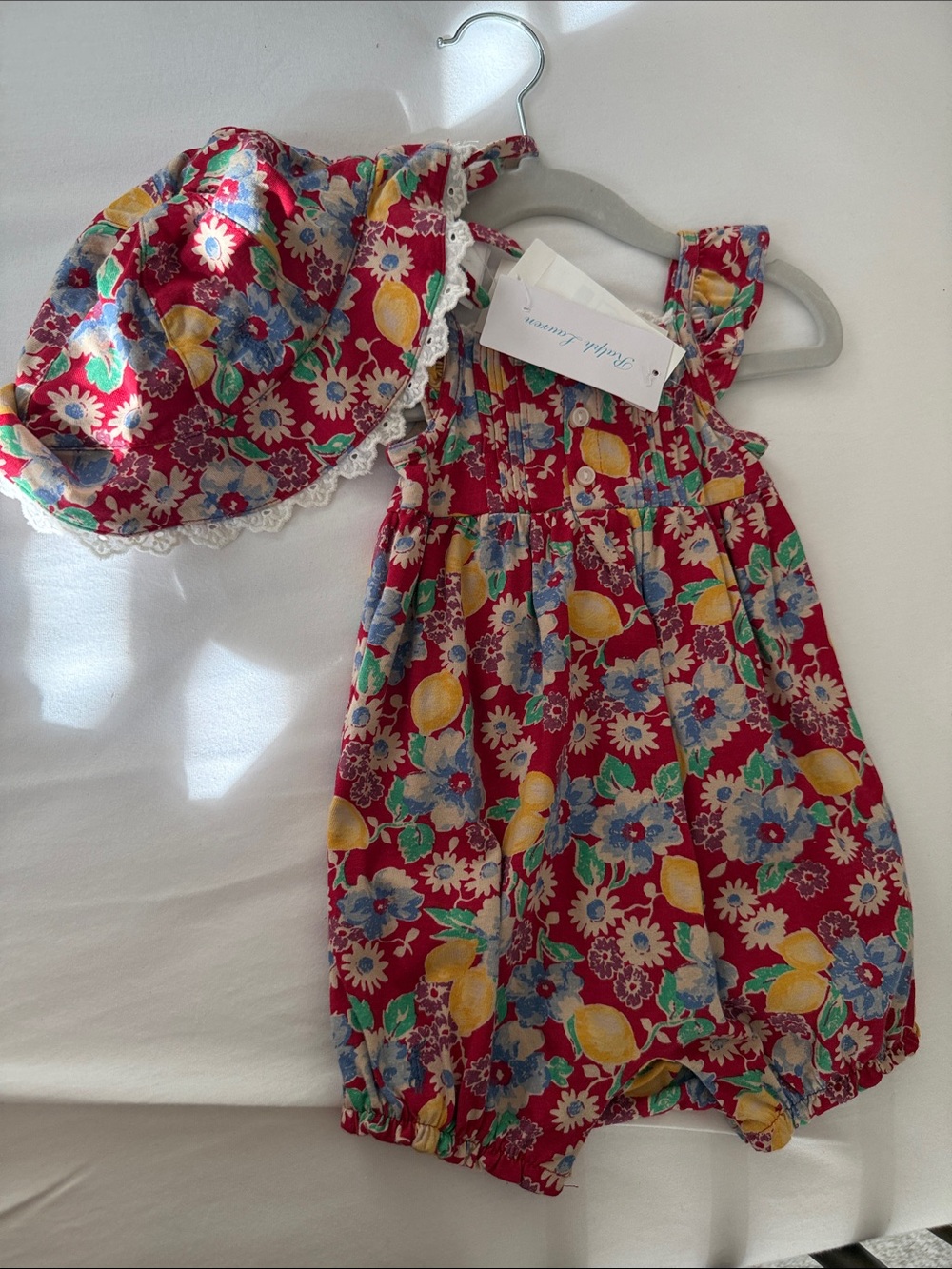 Ralph Lauren Red Floral Romper and Sun Hat Set Size 6m Baby Girl